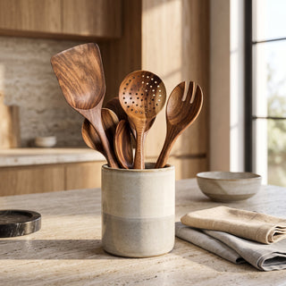 Kitchen Utensil Set With Natural Wooden Holder