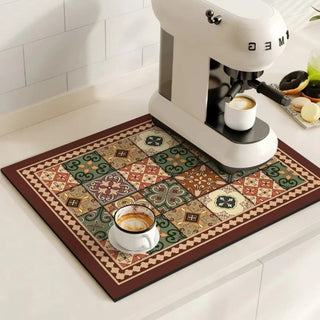 Kitchen Dish Drying Mat with Decorative Pattern - moss terracotta