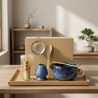 Matcha Tea Set with Bamboo Whisk and Ceramic Bowls - blue 6 pieces