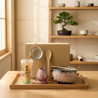 Matcha Tea Set with Bamboo Whisk and Ceramic Bowls - pink 6 pieces