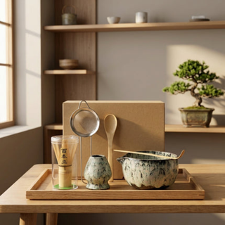 Matcha Tea Set with Bamboo Whisk and Ceramic Bowls - light cyan 6 pieces