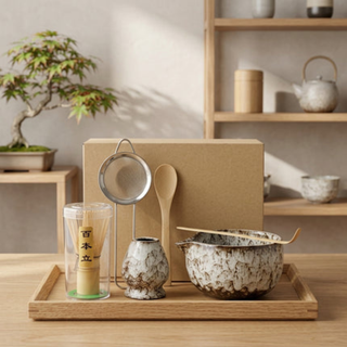 Matcha Tea Set with Bamboo Whisk and Ceramic Bowls - white 6 pieces