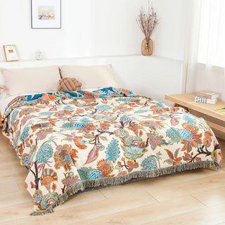 Decorative Throw Blanket with Floral Pattern and Fringe