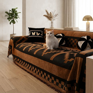 Sofa Cover with Geometric Fringe Trim - garden motif