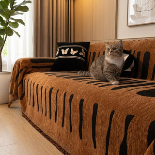 Sofa Cover with Geometric Fringe Trim - rust texture