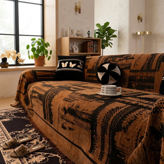 Sofa Cover with Geometric Fringe Trim - intricate block