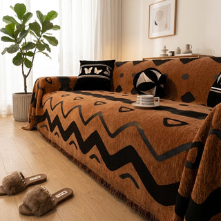 Sofa Cover with Geometric Fringe Trim - black curve
