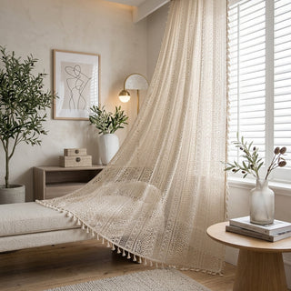 Sheer Curtain with Geometric Fringe Light Filtering