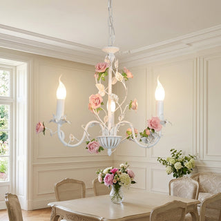 Chandelier With Vintage Ceramic Rose Branches - white & pink