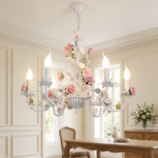 Chandelier With Vintage Ceramic Rose Branches - white & pink