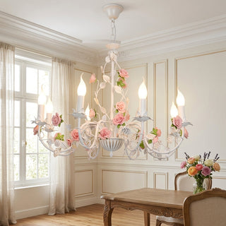 Chandelier With Vintage Ceramic Rose Branches - white & pink