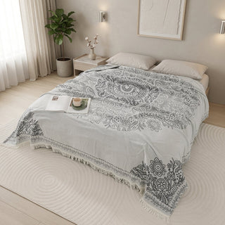 Reversible Throw Blanket Boho Style With Decorative Fringes - white