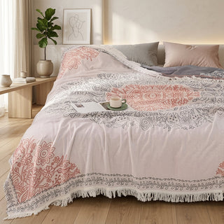 Reversible Throw Blanket Boho Style With Decorative Fringes - pink