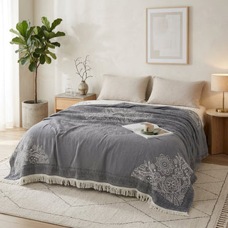 Reversible Throw Blanket Boho Style With Decorative Fringes - gray
