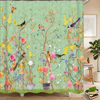 Shower Curtain With Floral Bird Pattern Decorative Design