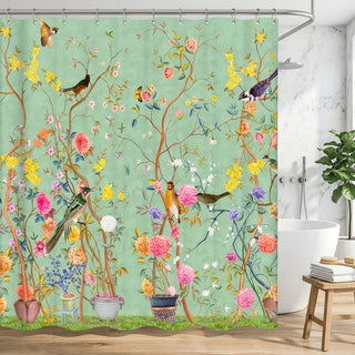 Shower Curtain With Floral Bird Pattern Decorative Design