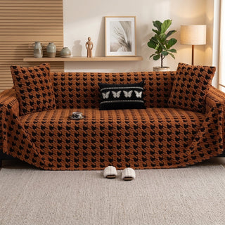 Quilted Sofa Cover Houndstooth Pattern Universal Fit - brown