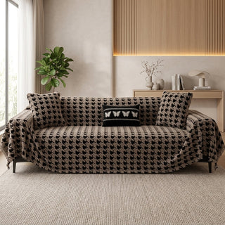 Quilted Sofa Cover Houndstooth Pattern Universal Fit - taupe