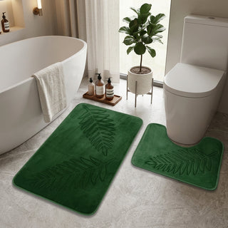 Bathroom Mat Set Leaf Pattern Non Slip Absorbent - forest green