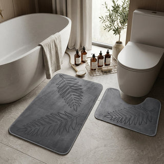 Bathroom Mat Set Leaf Pattern Non Slip Absorbent - anthracite gray