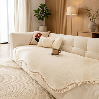 Reversible Sofa Cover Chenille With Decorative Fringes Non Slip - elegant cream