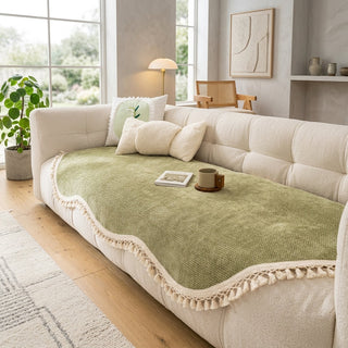 Reversible Sofa Cover Chenille With Decorative Fringes Non Slip - olive brown