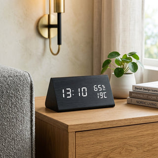 Digital Alarm Clock With Wood Effect LED Display - ebony black