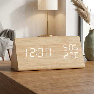 Digital Alarm Clock With Wood Effect LED Display - glowing bamboo