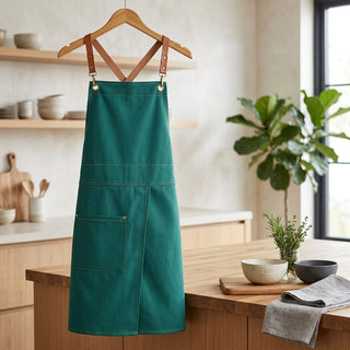 Kitchen Apron With Adjustable Split Pocket Utility Design - dark green