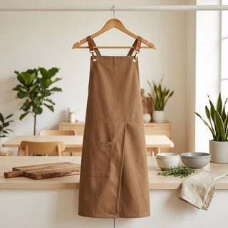 Kitchen Apron With Adjustable Split Pocket Utility Design - light brown