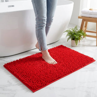 Chenille bath mat with non-slip backing - red