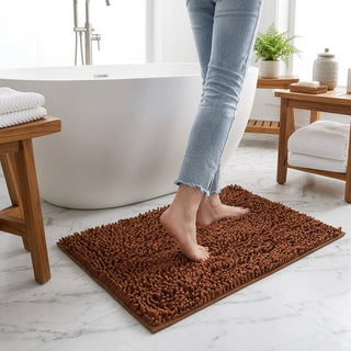 Chenille bath mat with non-slip backing - brown