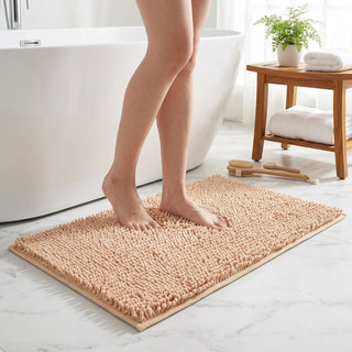Chenille bath mat with non-slip backing - beige