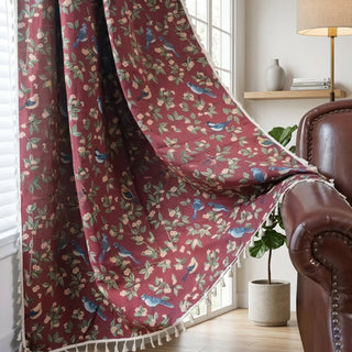 Window curtain with floral pattern and tassels - cherry blossom