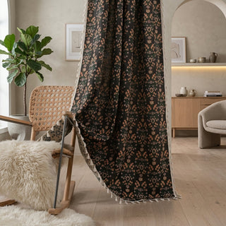 Window curtain with floral pattern and tassels - ebony blossom