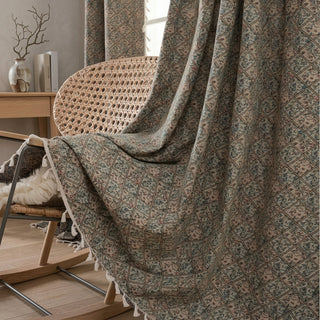 Window curtain with floral pattern and tassels - olive blossom