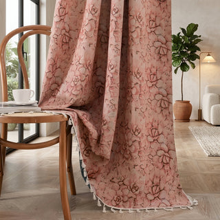 Window curtain with floral pattern and tassels - cypress pink blossom
