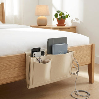 Bedside storage organizer with multifunction cable slots - beige