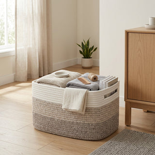 Woven storage basket with handles for organization - brown tricolor