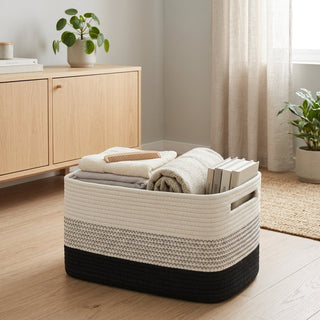 Woven storage basket with handles for organization - black tricolor