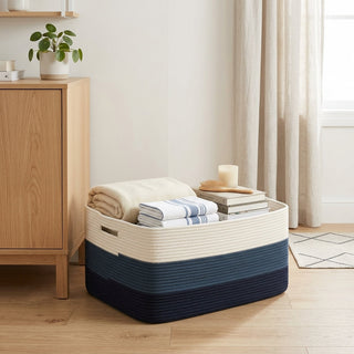 Woven storage basket with handles for organization - blue tricolor