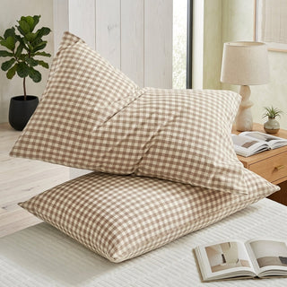 Checkered pillowcase cover with envelope closure - sand checkered