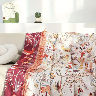 Reversible floral jungle blanket for bed or sofa