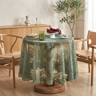Tablecloth with floral lace design for dining tables - olive green