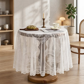 Tablecloth with floral lace design for dining tables - pure white