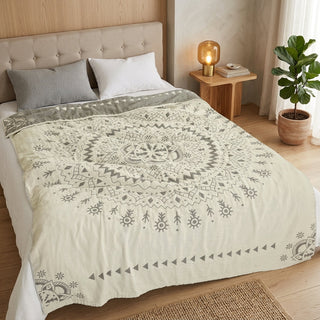 Decorative Blanket with Floral Mandala Pattern Reversible Design - gray and beige