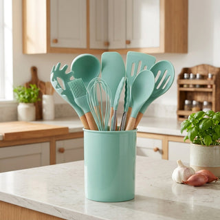 Kitchen Utensil Set with Silicone Heads and Wooden Handles - dark green