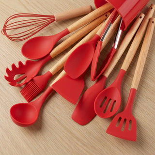 Kitchen Utensil Set with Silicone Heads and Wooden Handles - red