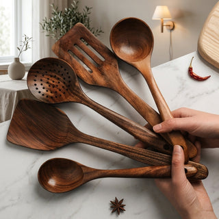 Kitchen Utensil Set Wooden with Spatula and Ladle - dark brown