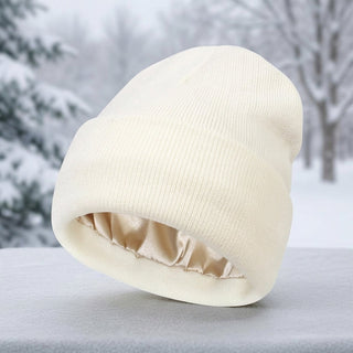 Winter Hat With Silk Lining For Cold Weather - white